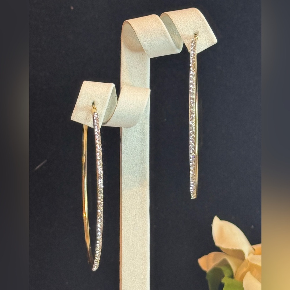 Stunning Thin Gold Tone Crystal 2.25 inch Hoops made with Swarovski Crystals